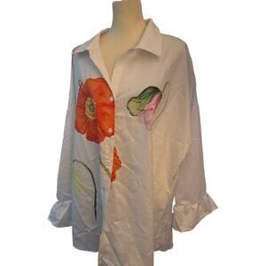 Oshoplive White a button Down Blouse with large floral graphic. Size 3X